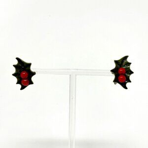 Vintage Holly Berry Earrings 50s Green Glitter Christmas Screw Backs